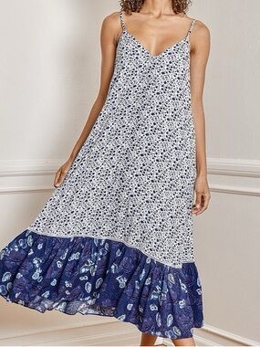 Lulu's White and Blue Floral Midi Slip Dress with Ruffle Hem